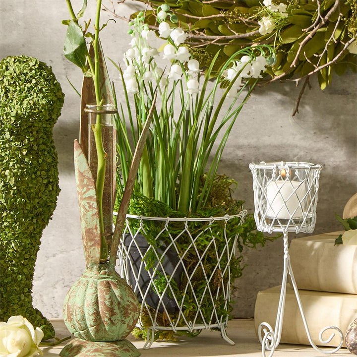 Spring Bulb Faux Potted Lily of the Valley in wire basket; available in small, medium, and large sizes.