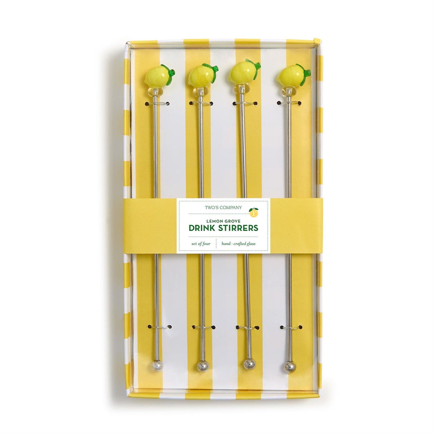 Set of 4 metal stirrers with glass lemon toppers, packaged in a yellow and white striped gift box. Each stirrer is 6" long.