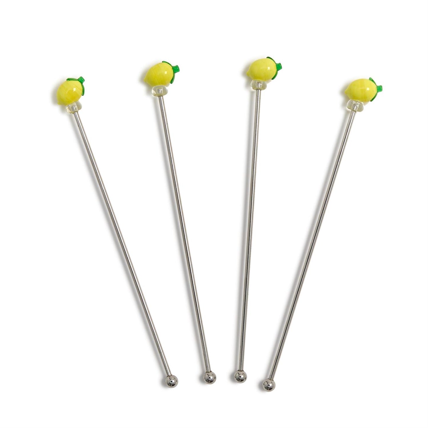 Set of 4 metal drink stirrers with decorative lemon slices. Each stirrer measures approximately 7 inches in length.
