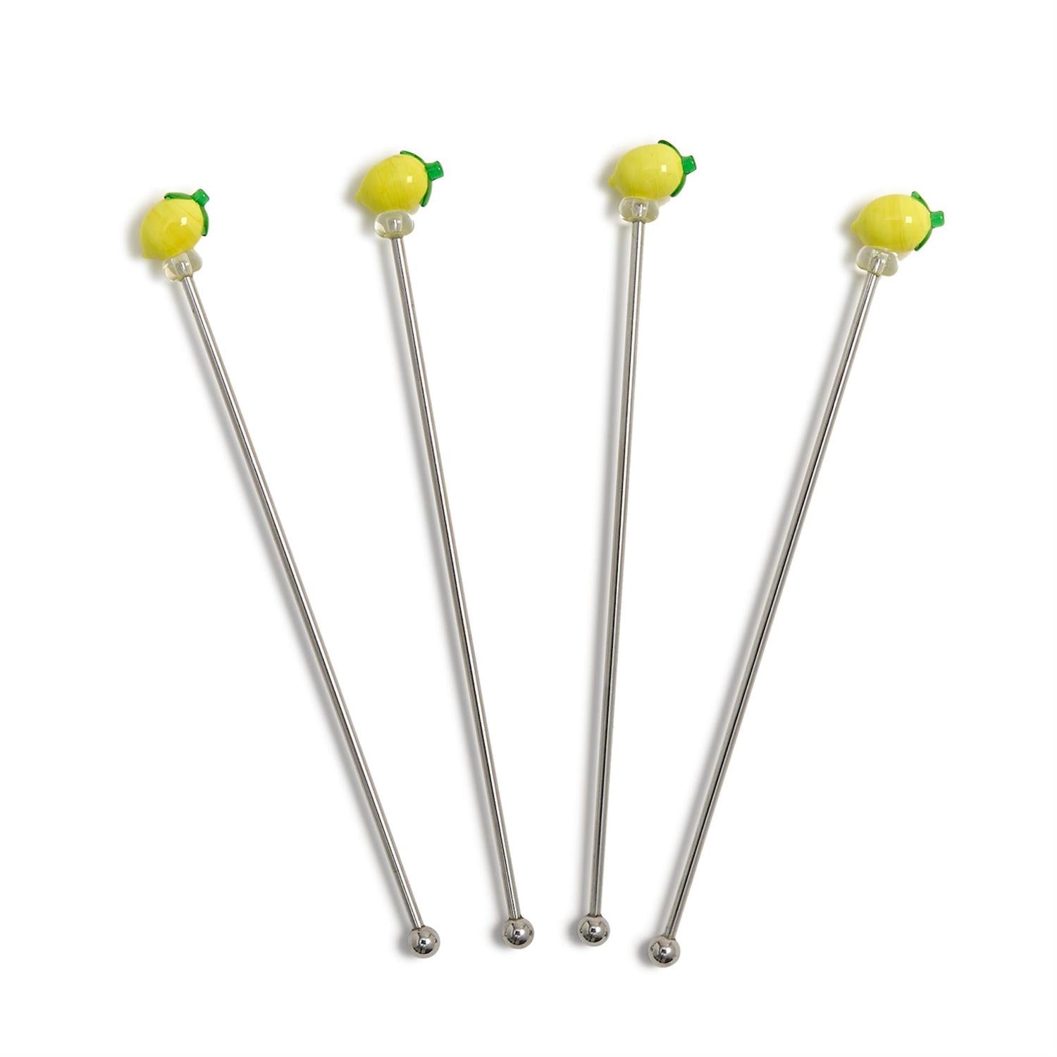 Set of 4 metal drink stirrers with decorative lemon slices. Each stirrer measures approximately 7 inches in length.