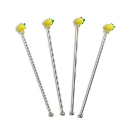 Set of 4 metal drink stirrers with decorative lemon slices. Each stirrer measures approximately 7 inches in length.