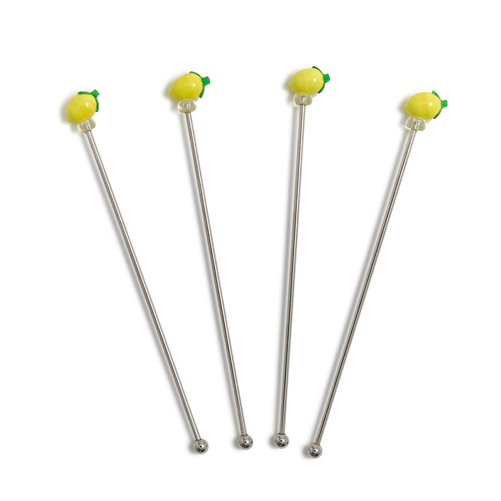 Set of 4 metal drink stirrers with decorative lemon slices. Each stirrer measures approximately 7 inches in length.