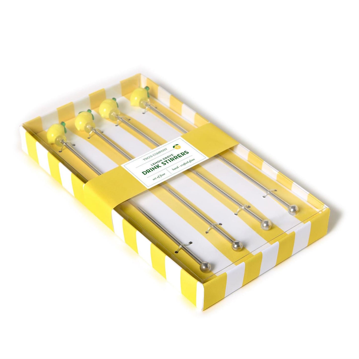 Set of 4 metal drink stirrers with yellow ball tops, in a striped yellow and white box. Sizes not specified.