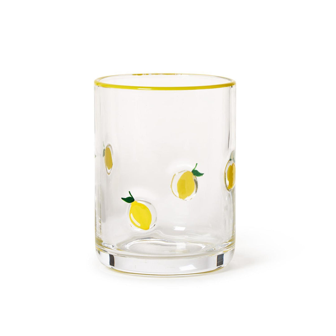 Hand-painted glass with small yellow lemon illustrations and a thin yellow rim. Available in double old fashion size.