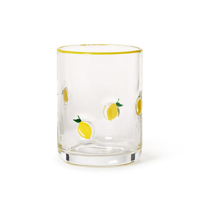 Hand-painted glass with small yellow lemon illustrations and a thin yellow rim. Available in double old fashion size.