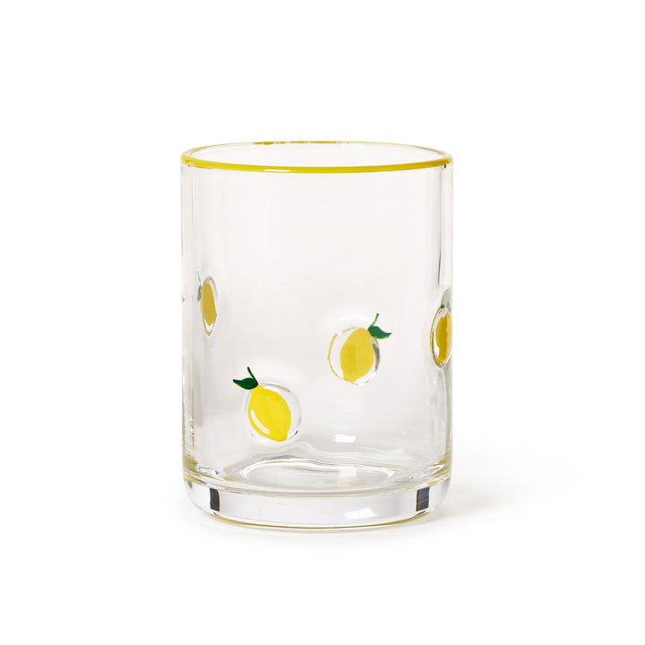 Hand-painted glass with small yellow lemon illustrations and a thin yellow rim. Available in double old fashion size.