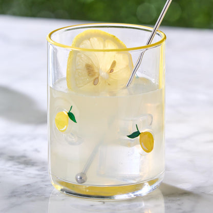 Lemon Double Old Fashion Hand-Painted Glass shown with lemon slice. Available in 13 oz and 16 oz sizes.