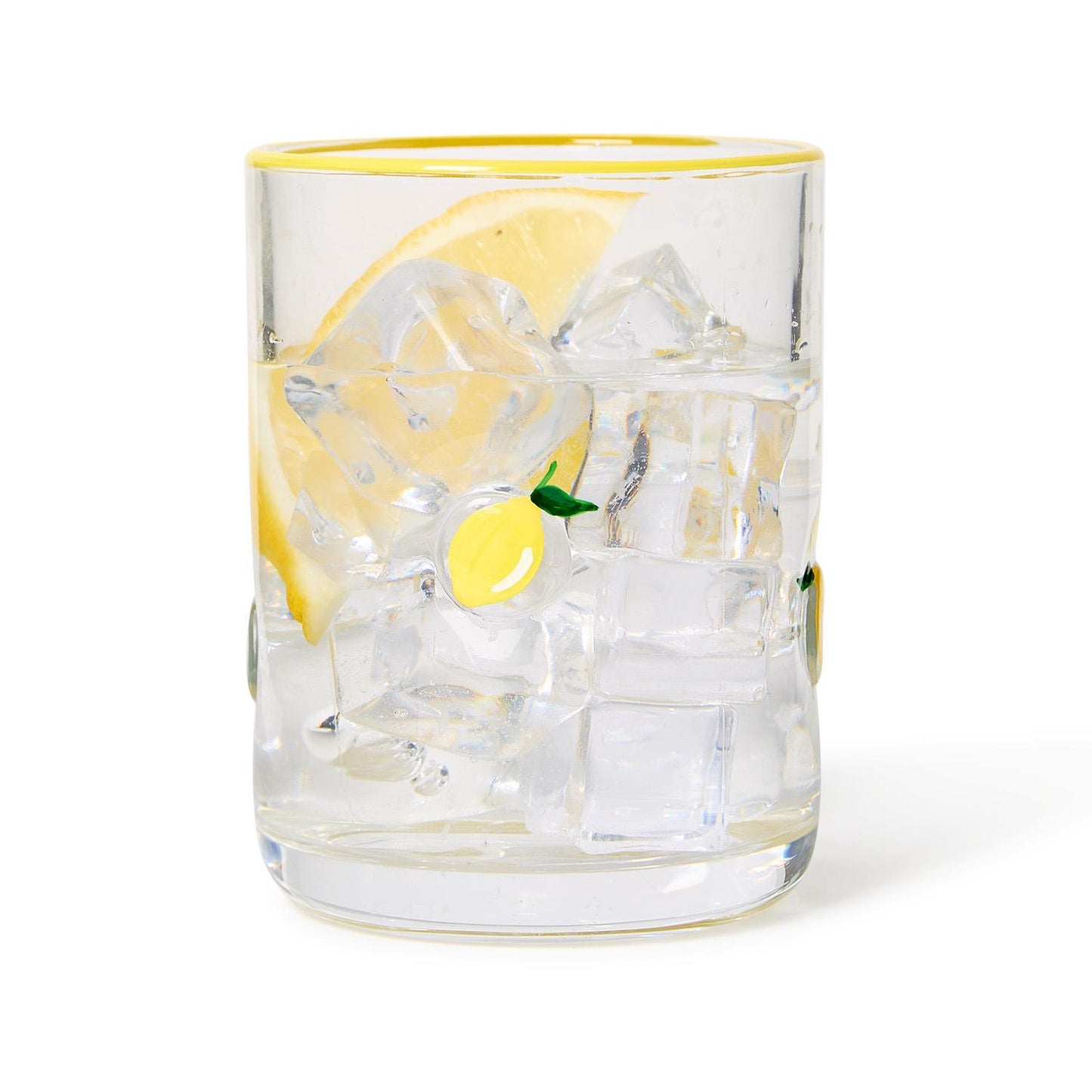 Lemon Double Old Fashion Hand-Painted Glass with yellow rim and lemon motif, available in 12oz and 14oz sizes.