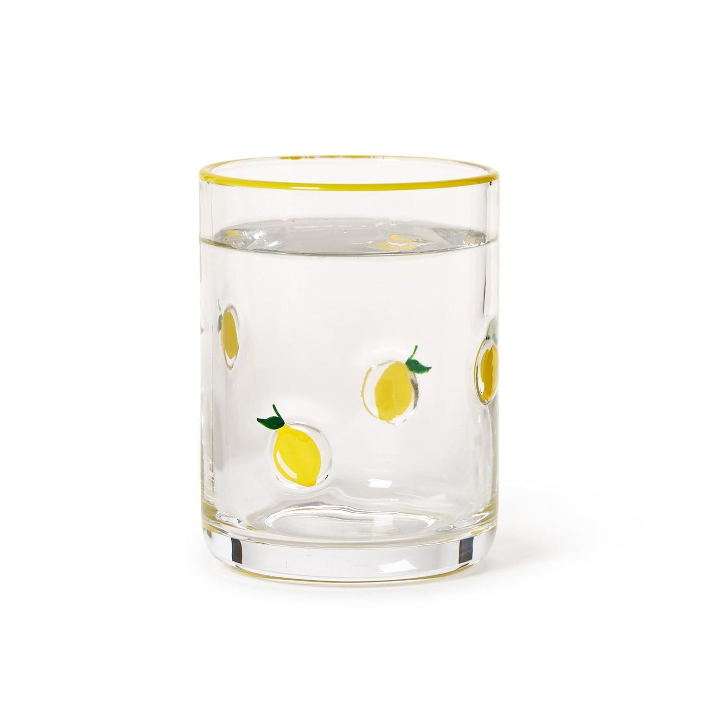 Hand-painted glass with yellow lemon illustrations and a yellow rim. Available in double old fashion size.