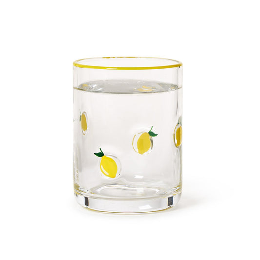 Hand-painted glass with yellow lemon illustrations and a yellow rim. Available in double old fashion size.