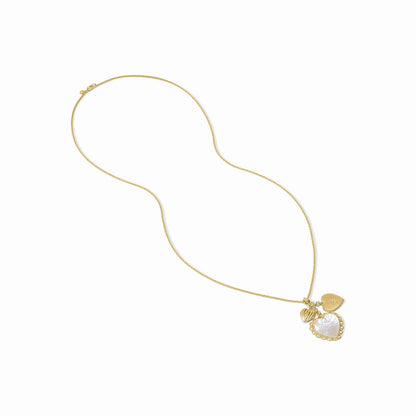 Gold chain necklace with textured gold heart, round disc, and heart-shaped mother of pearl charms. Available in 16", 18".