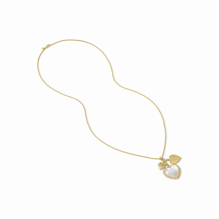 Gold chain necklace with textured gold heart, round disc, and heart-shaped mother of pearl charms. Available in 16", 18".