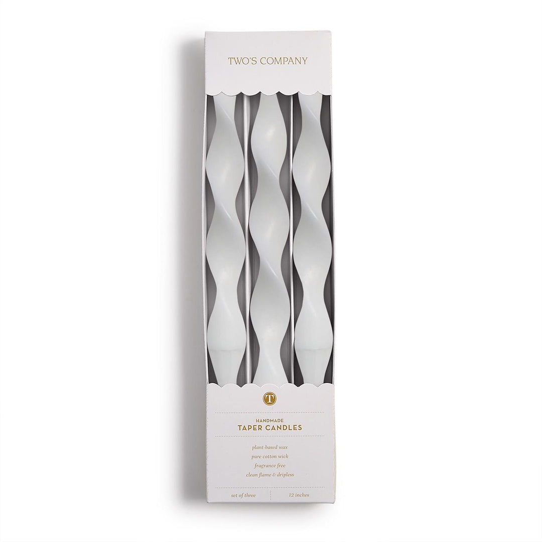 Set of three 12" white spiral taper candles made from plant-based wax, in a branded gift box.
