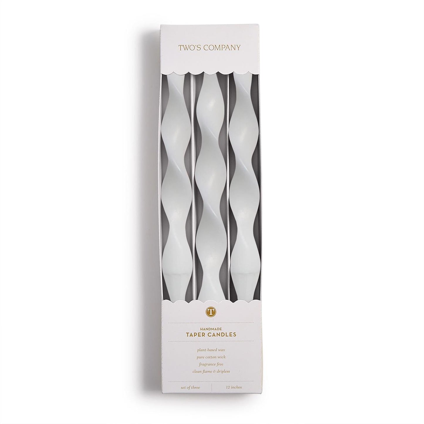 Set of three 12" white spiral taper candles made from plant-based wax, in a branded gift box.