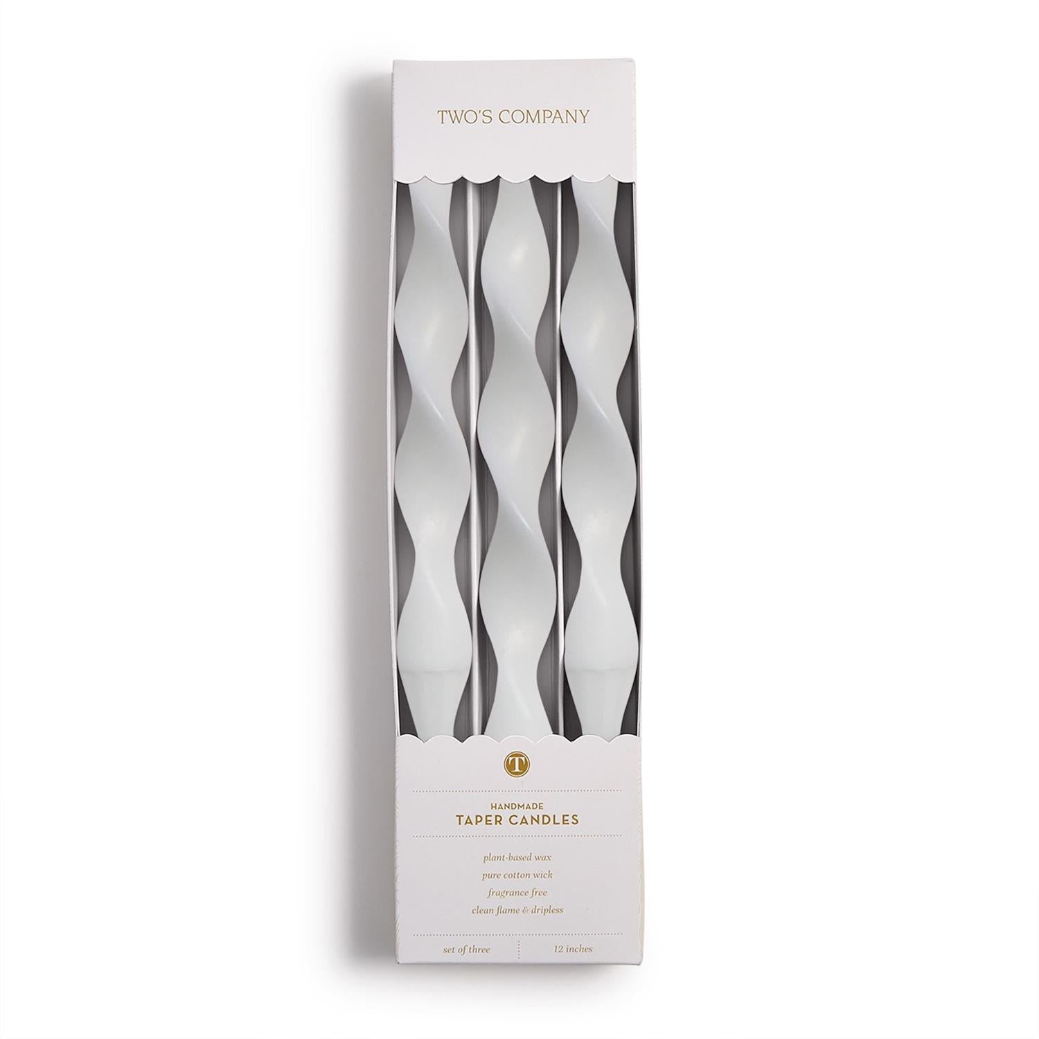 Set of three 12" white spiral taper candles made from plant-based wax, in a branded gift box.