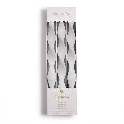 Set of three 12" white spiral taper candles made from plant-based wax, in a branded gift box.