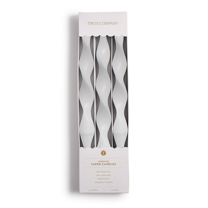 Set of three 12" white spiral taper candles made from plant-based wax, in a branded gift box.