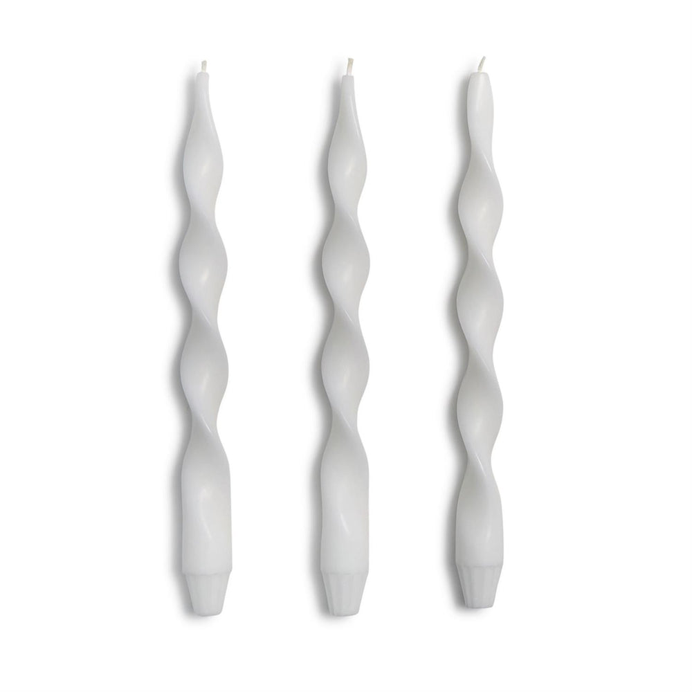 White 12" Twist Taper Candles, hand-poured from plant-based wax; available in 12-inch size.
