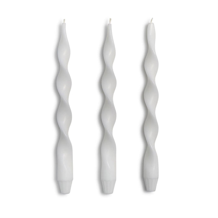 White 12" Twist Taper Candles, hand-poured from plant-based wax; available in 12-inch size.