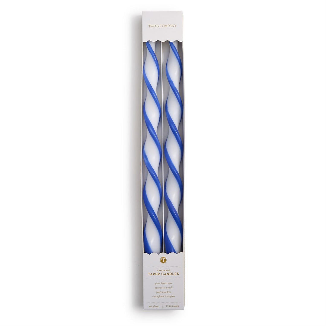 Set of two 15 3/4" blue and white twisted taper candles in a rectangular gift box with a clear window.