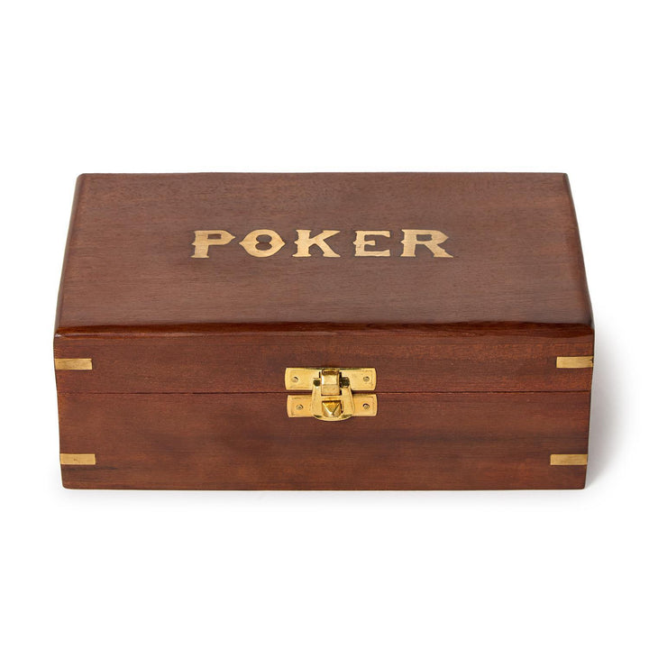 Hand-crafted acacia wood Turf Club Poker Set with brass latch, "POKER" in gold on lid. Sizes available: standard only.