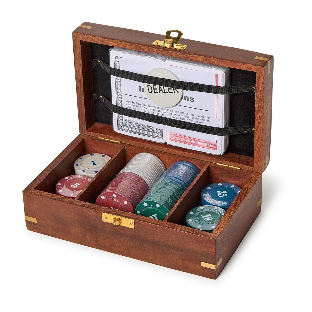 Latched acacia wood box with four-color poker chips and two decks of cards. Sizes available: standard set.