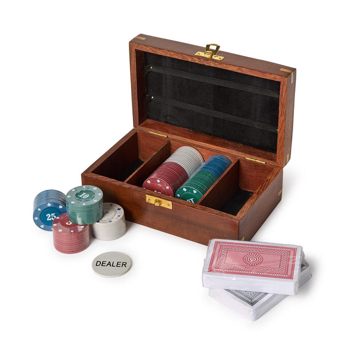 The Turf Club Poker Set in wooden box with poker chips, playing cards, and dealer button. Available in standard size.