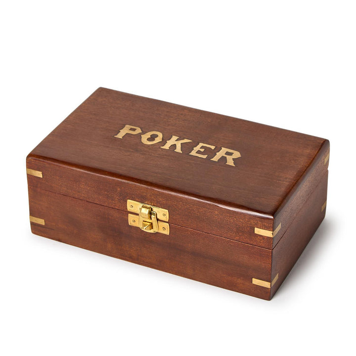 Closed acacia wood poker box with brass accents, latch, and "POKER" in gold on lid. Sizes available: standard set.