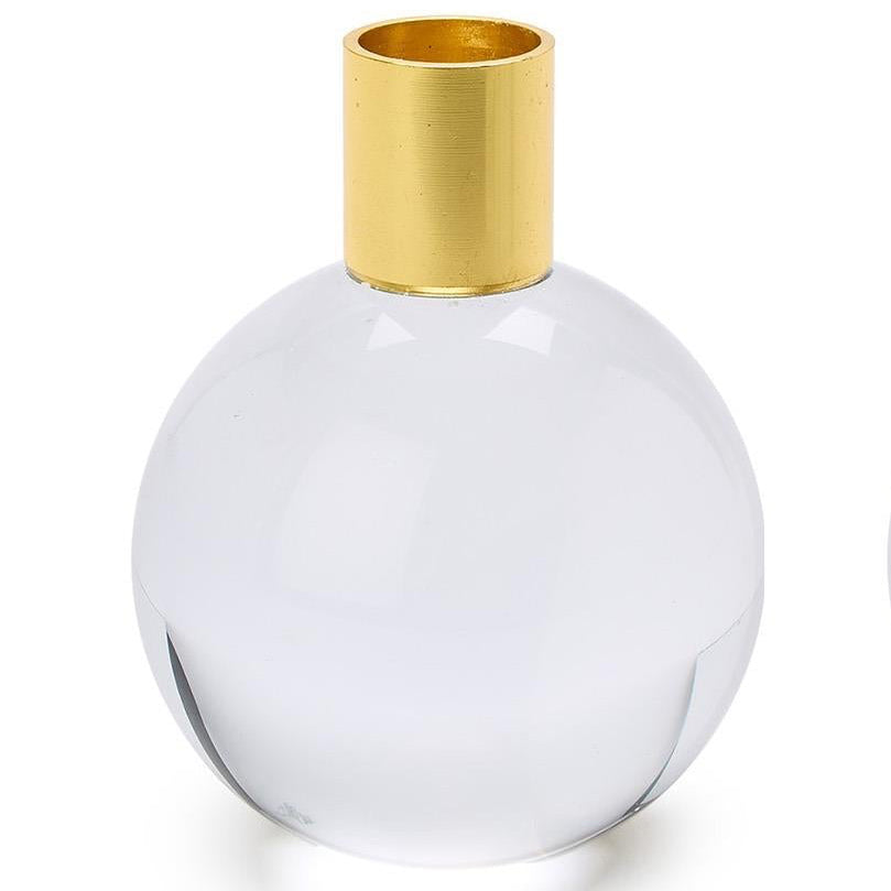 Round clear glass candlestick holder with wide gold metallic neck. Available in multiple sizes. Sold separately.