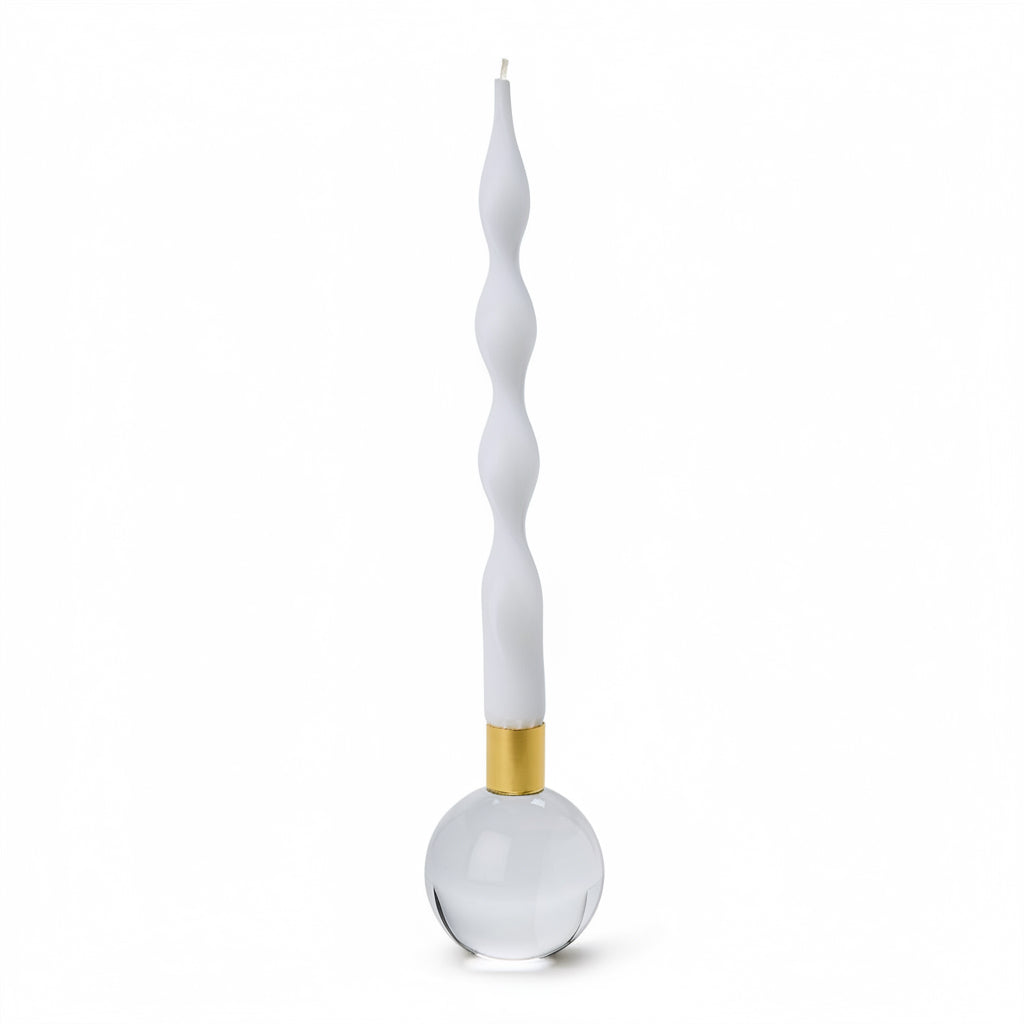 Color Pop Taper Candlestick Holder in clear round glass with gold base. Available in 6" and 10" sizes. Candle sold separately.