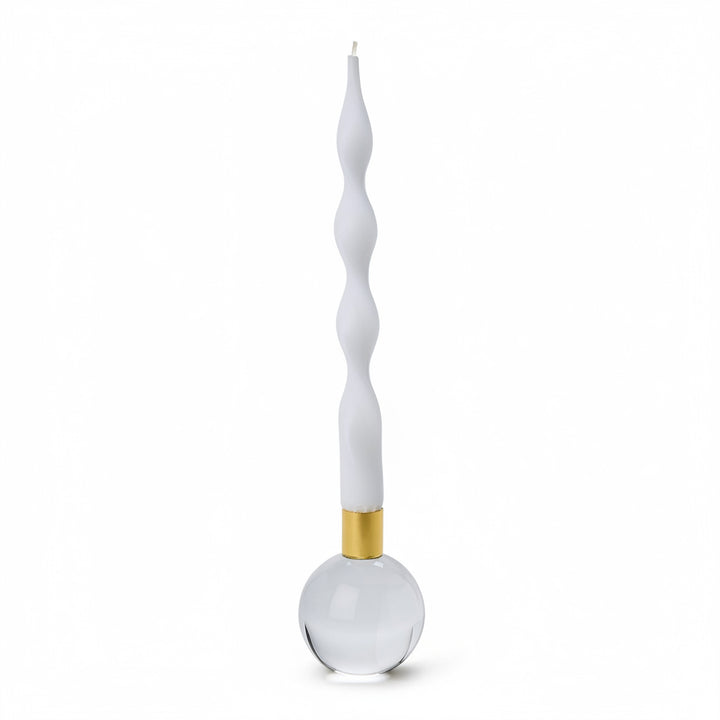 Color Pop Taper Candlestick Holder in clear round glass with gold base. Available in 6" and 10" sizes. Candle sold separately.