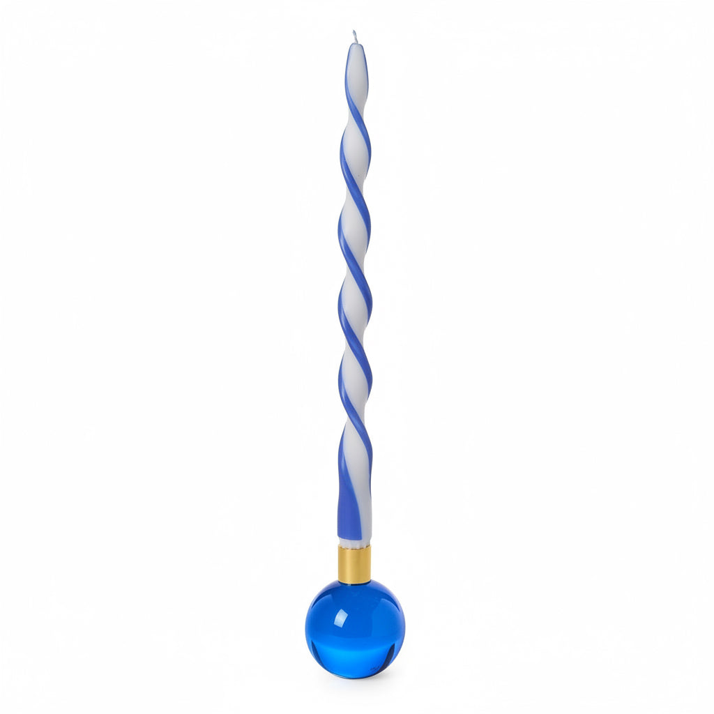 Tall, twisted blue and white candle. Available in 10", 12", and 14" sizes. Candle holder sold separately.