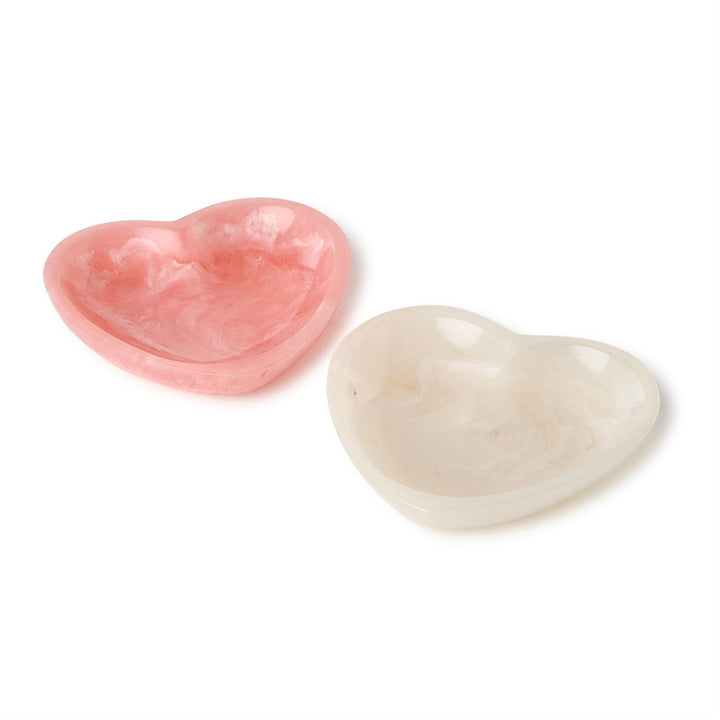 Pink and white marbled resin heart dishes for jewelry or décor. Available in small (3") and large (5") sizes.