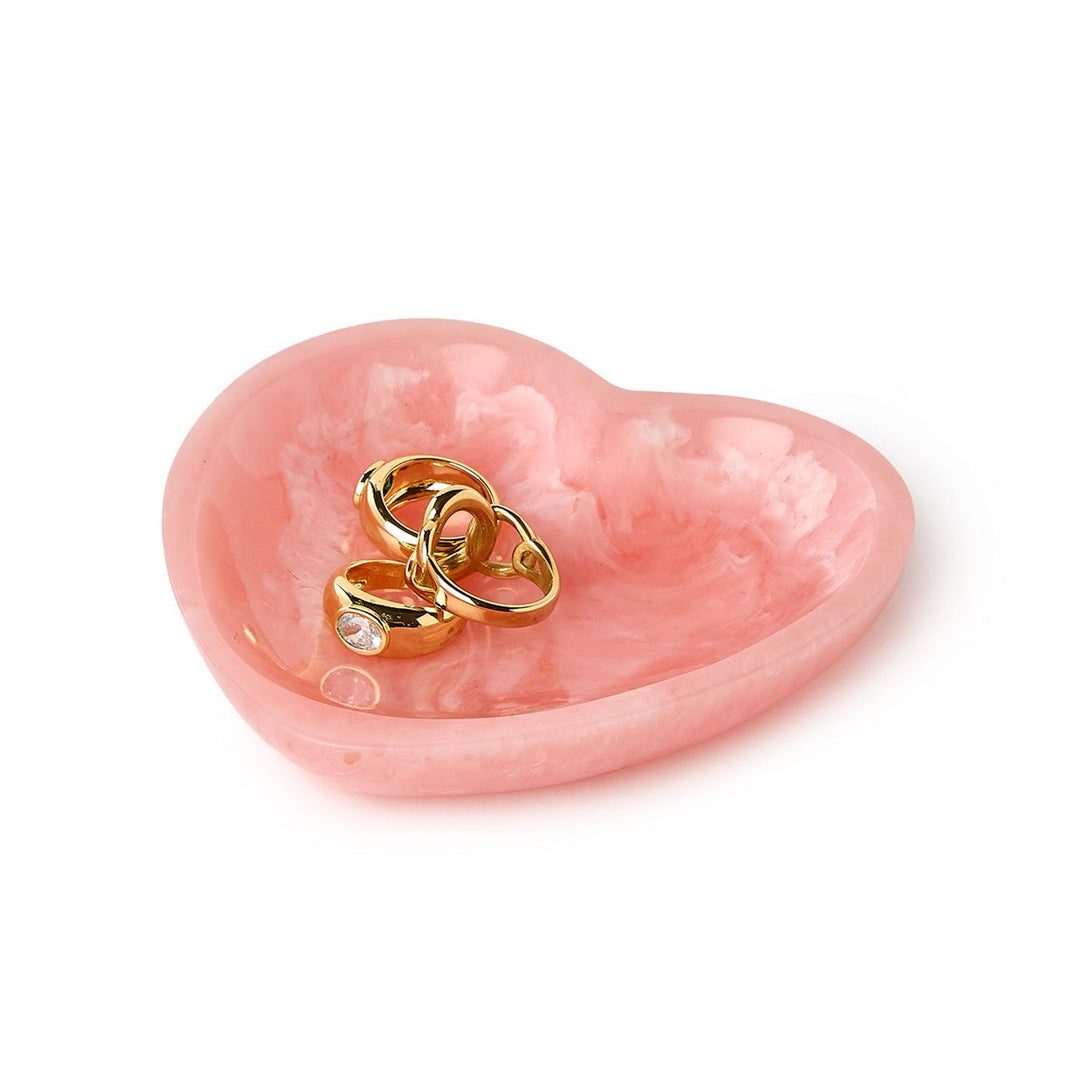 Pink Marbled Resin Heart Dish, elegant jewelry holder. Available in small, medium, and large sizes.