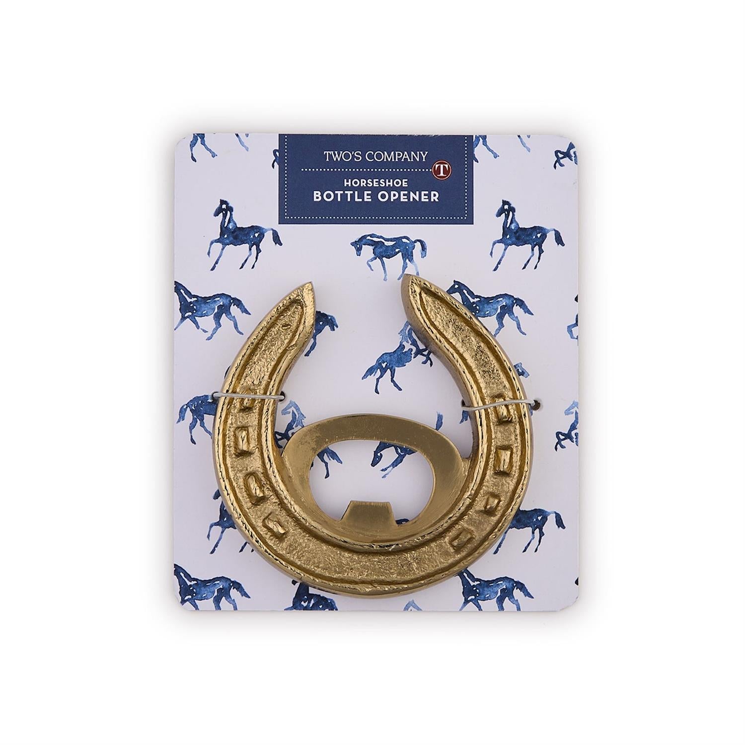 Gold-toned horseshoe bottle opener on card with blue horse illustrations; available in standard size.
