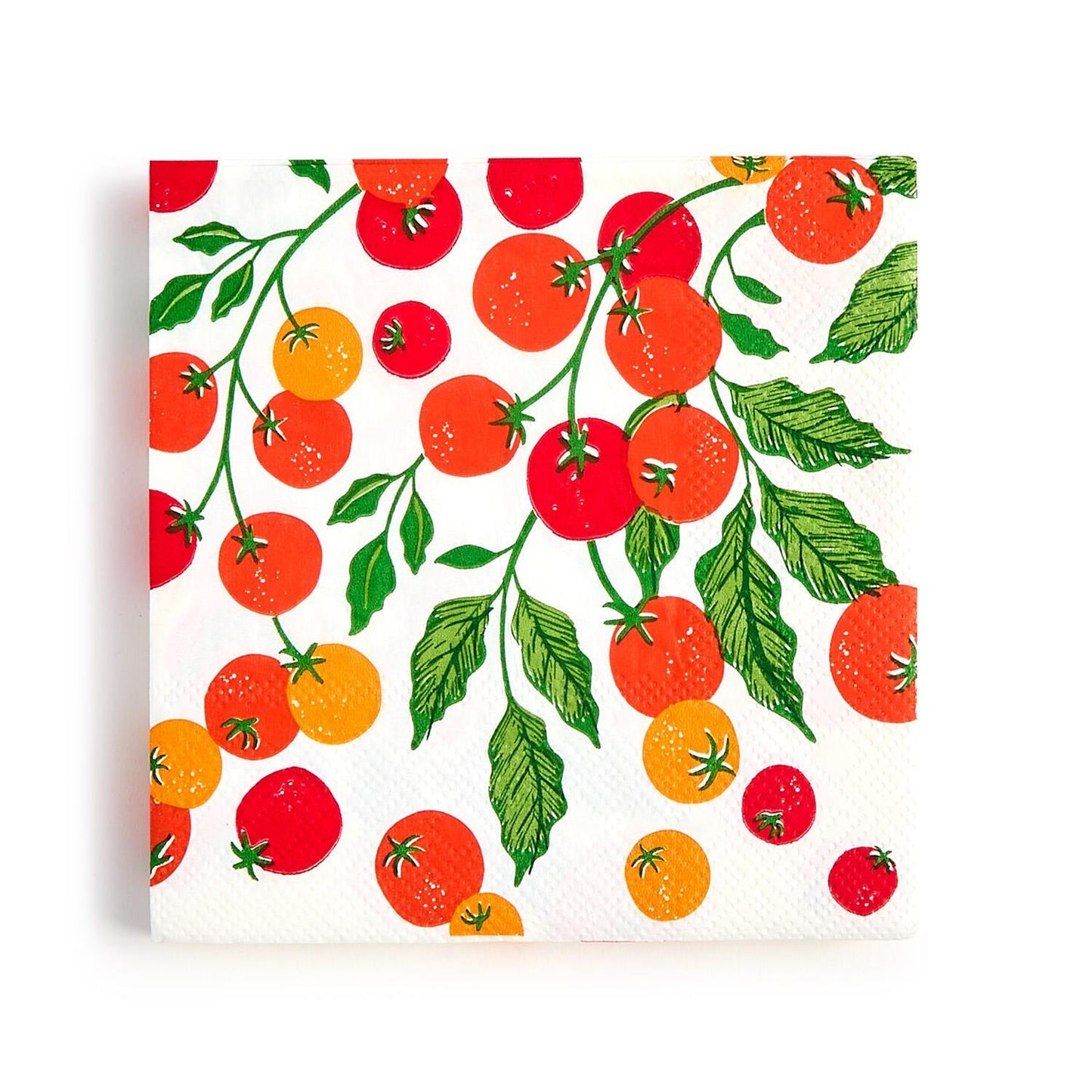 3-ply paper napkin with red and orange cherry tomatoes, green leaves, and stems; available in multiple sizes.