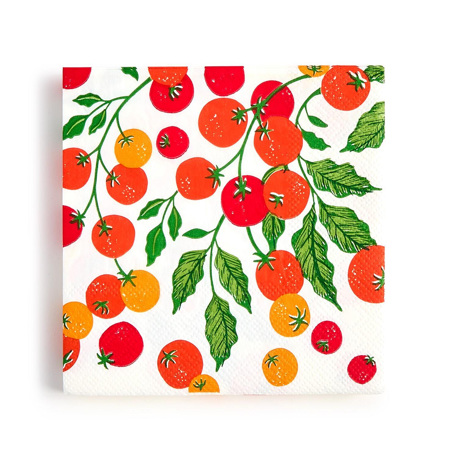 3-ply paper napkin with red and orange cherry tomatoes, green leaves, and stems; available in multiple sizes.
