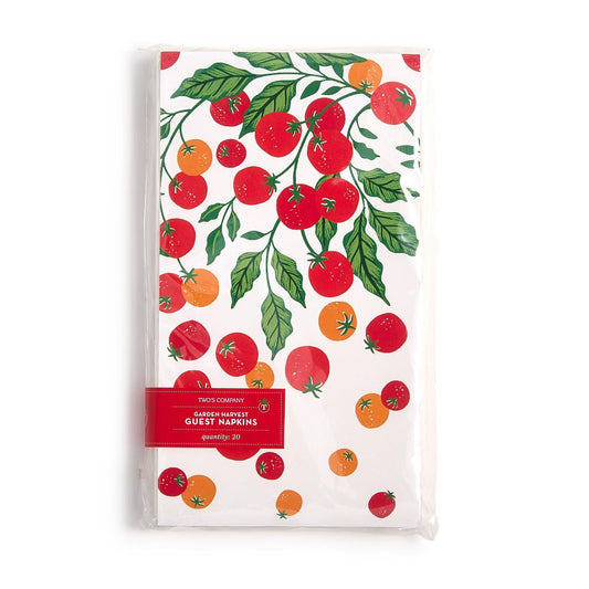 Colorful tomato and vine print, red and orange tomatoes, green leaves. Garden Harvest 3-ply napkin. Available in multiple sizes.