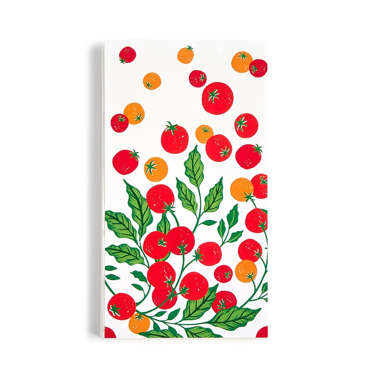 3-ply paper napkin with red and orange tomatoes, green leaves. Sizes available.