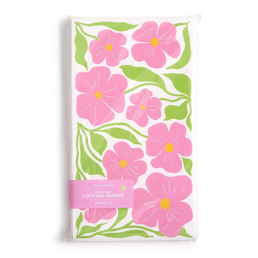 Petal Pop 3-Ply Paper Napkins, pink and green floral design, packaged with pink label. Available in multiple sizes.