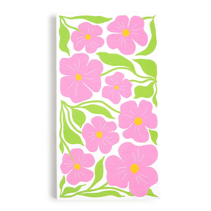 Petal Pop 3-Ply Paper Napkins with bold pink flowers, yellow centers, and green leaves. Available in standard napkin size.