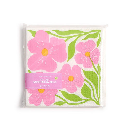 Petal Pop 3-Ply Paper Napkins, pink and green floral design, 30 cocktail napkins per pack. Size: cocktail.