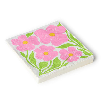 Petal Pop 3-Ply Paper Napkins with pink flowers, yellow centers, green leaves. Available sizes: cocktail, guest towel.