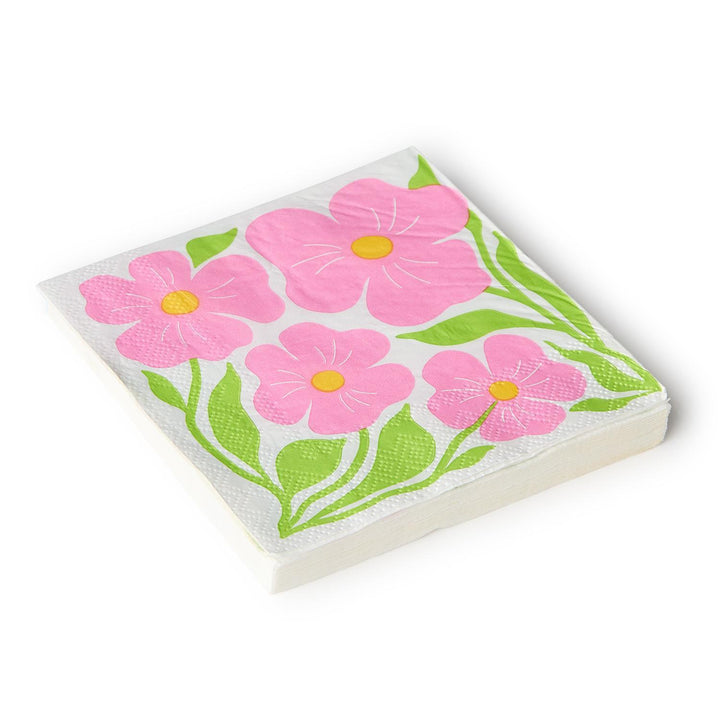 Petal Pop 3-Ply Paper Napkins with pink flowers, yellow centers, green leaves. Available sizes: cocktail, guest towel.