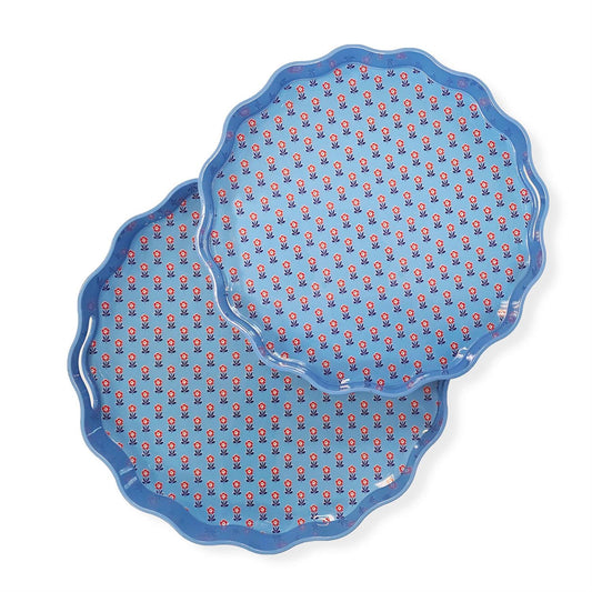 Red, White and Bloom Scalloped Lacquered Trays in two round sizes with blue lacquer, scalloped edges, and floral pattern.
