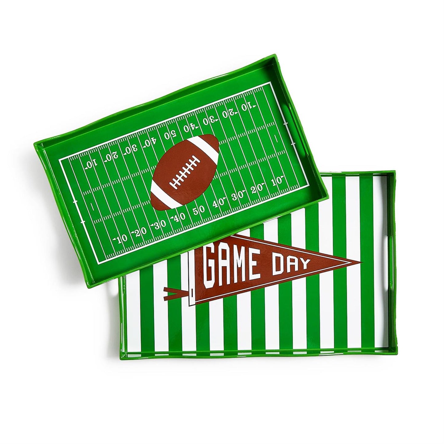 Pair of green rectangular handled serving trays, one with a football field and brown football design, the other with green and white stripes and a "GAME DAY" pennant. Both have raised edges. Sold separately. Sizes available.