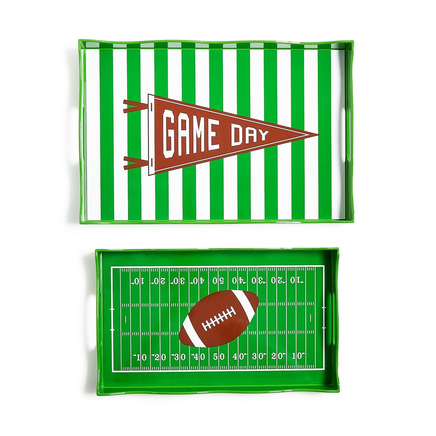 Set of two green handled serving trays (sold separately), one with white stripes and "GAME DAY" pennant, the other with a football field and central football; available sizes: 17"x11".