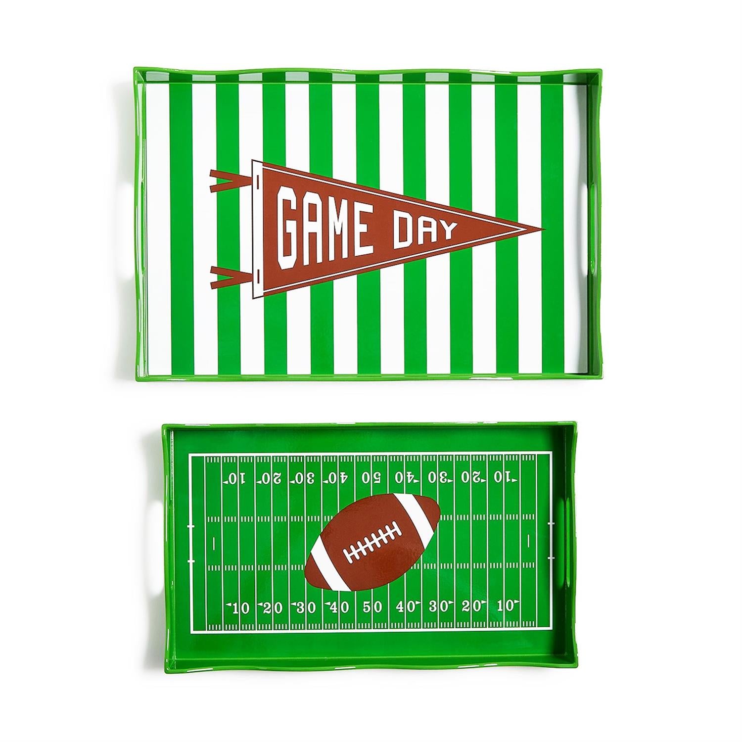 Set of two green handled serving trays (sold separately), one with white stripes and "GAME DAY" pennant, the other with a football field and central football; available sizes: 17"x11".