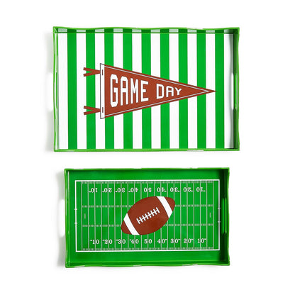 Set of two green handled serving trays (sold separately), one with white stripes and "GAME DAY" pennant, the other with a football field and central football; available sizes: 17"x11".