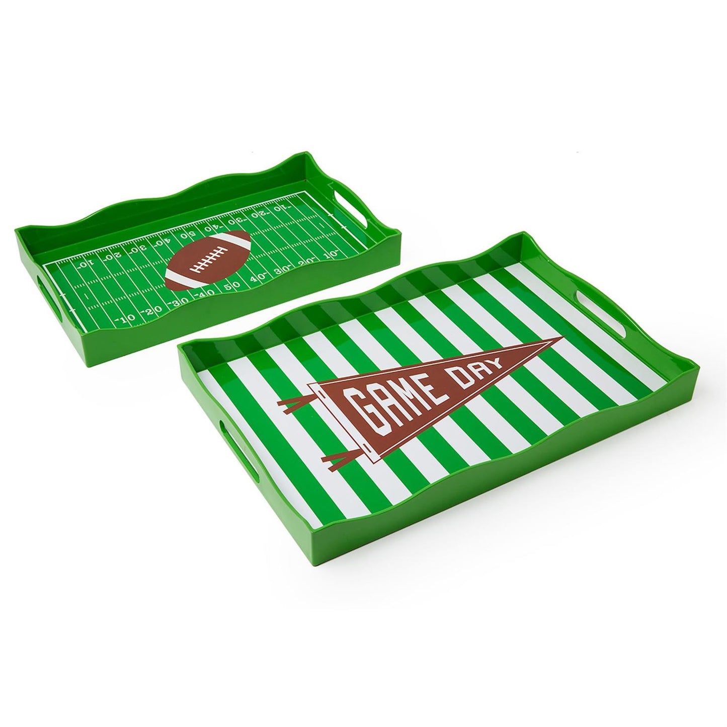 Green decorative handled serving trays available in football field or striped "GAME DAY" designs; each tray sold separately with side handles. Sizes available.